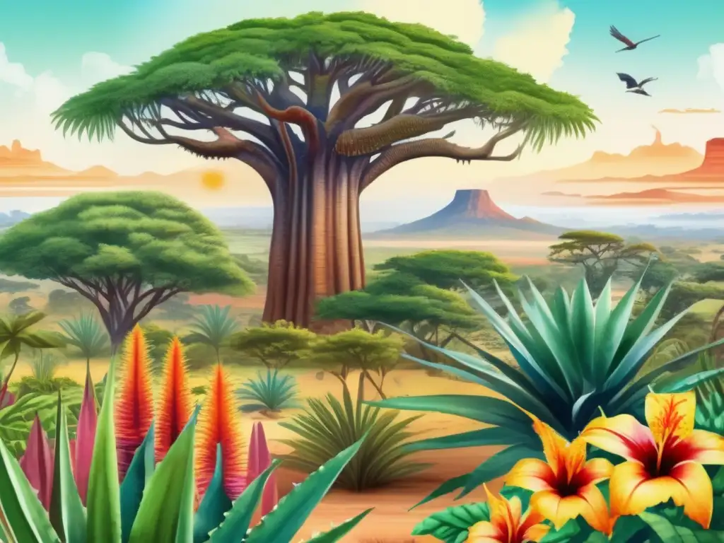 Ilustración vibrante de la cultura africana con plantas medicinales