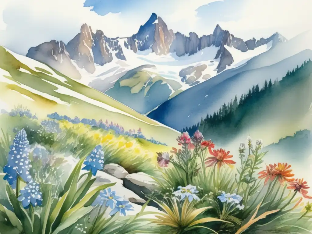 Pintura acuarela alpina con adaptaciones de plantas, mostrando paisaje, flores, montañas y lago