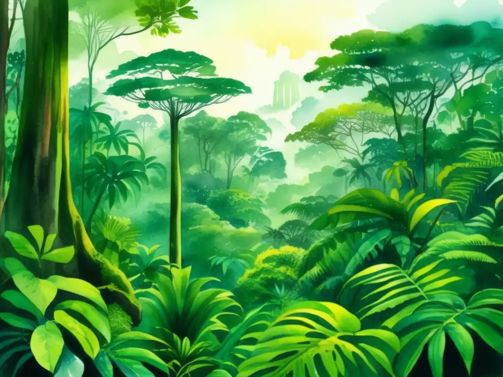 Pintura acuarela detallada del exuberante paisaje de la selva amazónica con plantas exóticas en América Latina