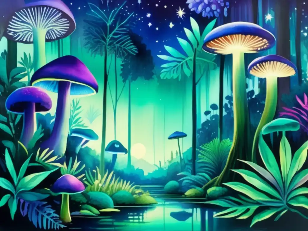 Pintura acuarela de un exuberante bosque tropical con plantas bioluminiscentes, árboles altos, hongos radiantes y un río sereno