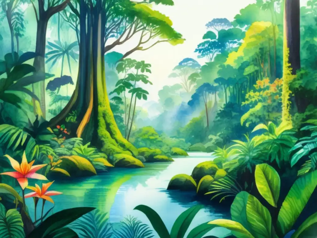 Lush rainforest scene with sacred plants, vibrant flowers, and majestic mountains