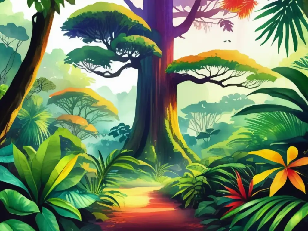 Ilustración acuarela de selva tropical con biodiversidad