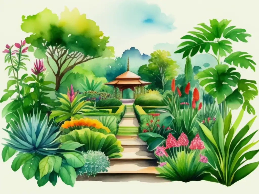 Pintura acuarela: Jardín botánico con plantas resguardadas - Importancia histórica y cultural