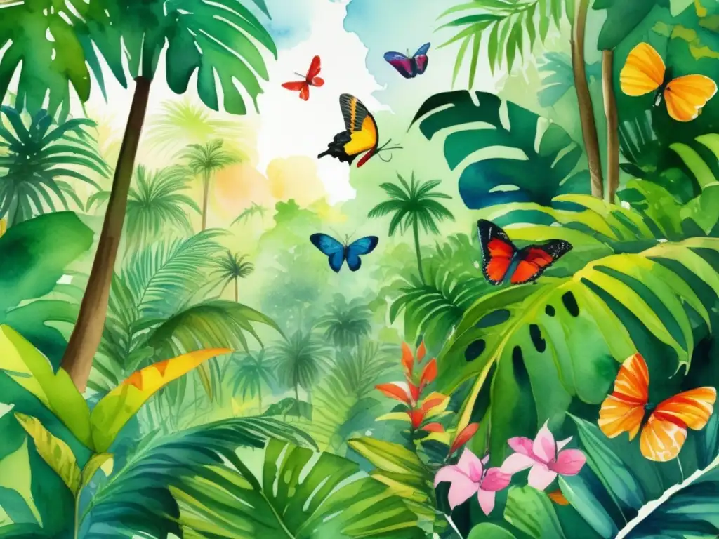 Ilustración acuarela vibrante de una exuberante selva tropical llena de plantas exóticas