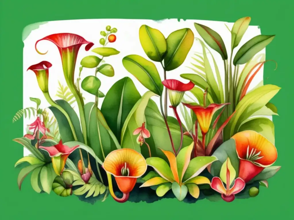 Ilustración acuarela de selva tropical con plantas carnívoras: características y presas