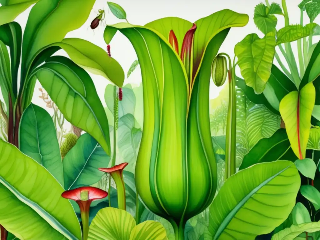 Adaptaciones de plantas carnívoras en suelos pobres: escena detallada de una selva tropical con abundante vida vegetal, destacando una llamativa planta carnívora en primer plano rodeada de otras especies