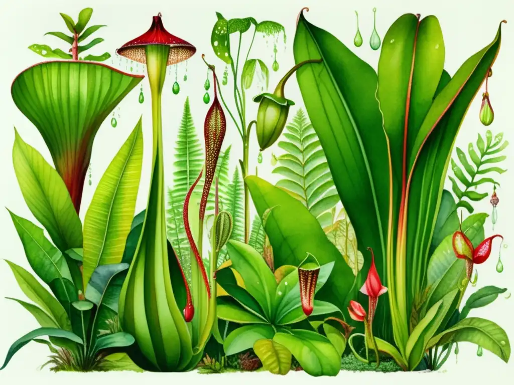 Ilustración detallada de un bosque tropical con plantas carnívoras y adaptaciones - Adaptaciones de plantas carnívoras en un bosque tropical