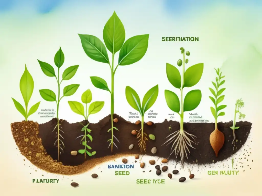 Ciclo de vida completo de las plantas: semilla, germinación, crecimiento, florecimiento y madurez