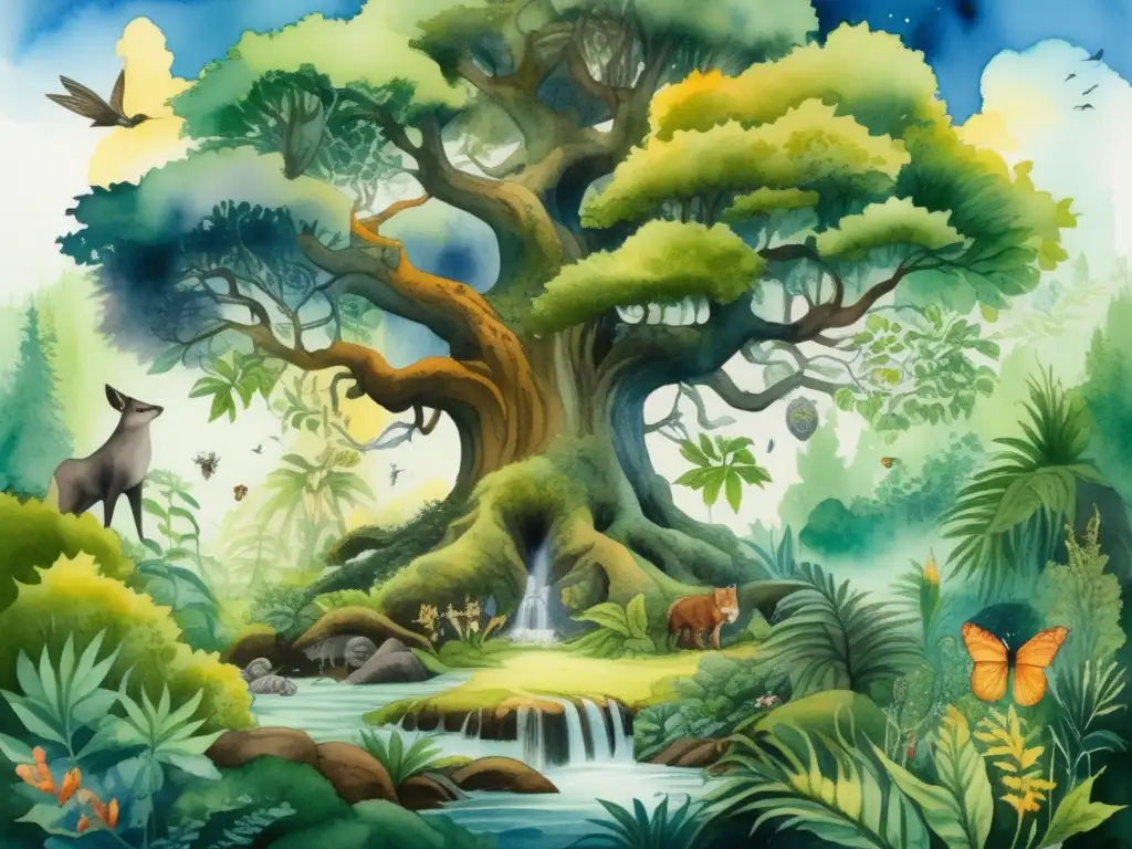 Bosque mágico con plantas medicinales y seres mitológicos Bosque vibrante con plantas medicinales y seres mitológicos, reflejo de la importancia cultural de las plantas en leyendas y mitos