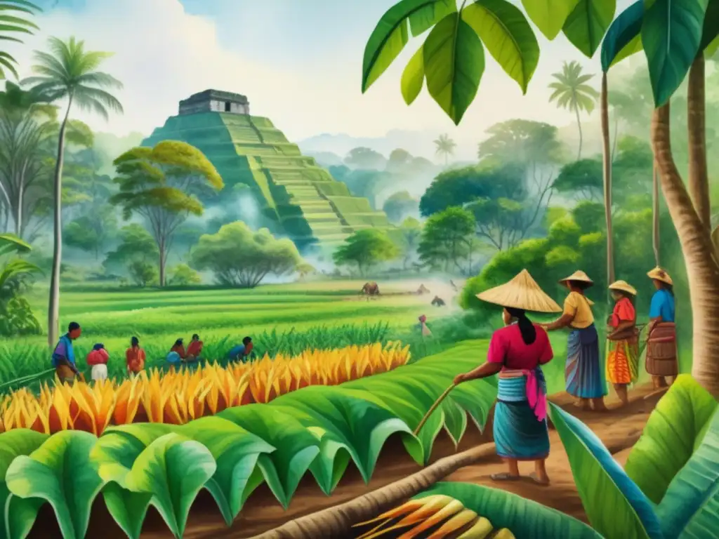 Imagen de bosque maya con agricultores practicando reforestación y técnicas ancestrales de milpa (110 caracteres)