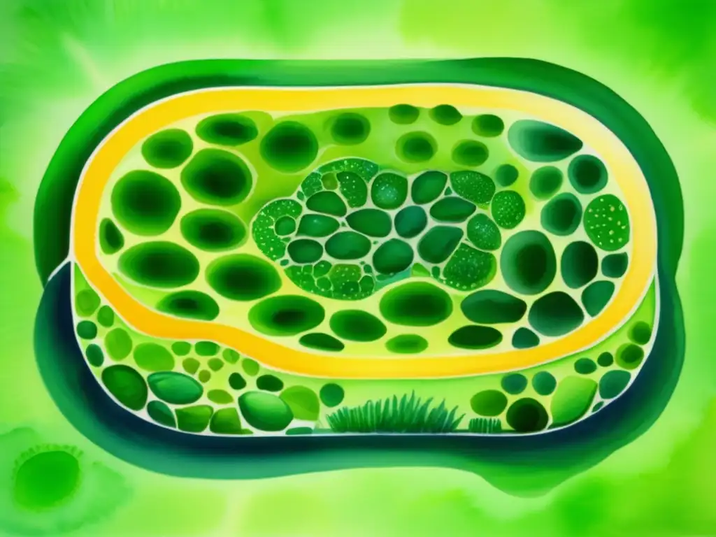 Detallada imagen acuarela de célula vegetal en fotosíntesis con cloroplastos verdes y componentes clave