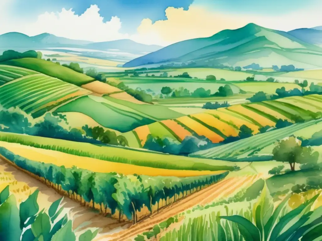 Ilustración acuarela muestra paisaje agrícola