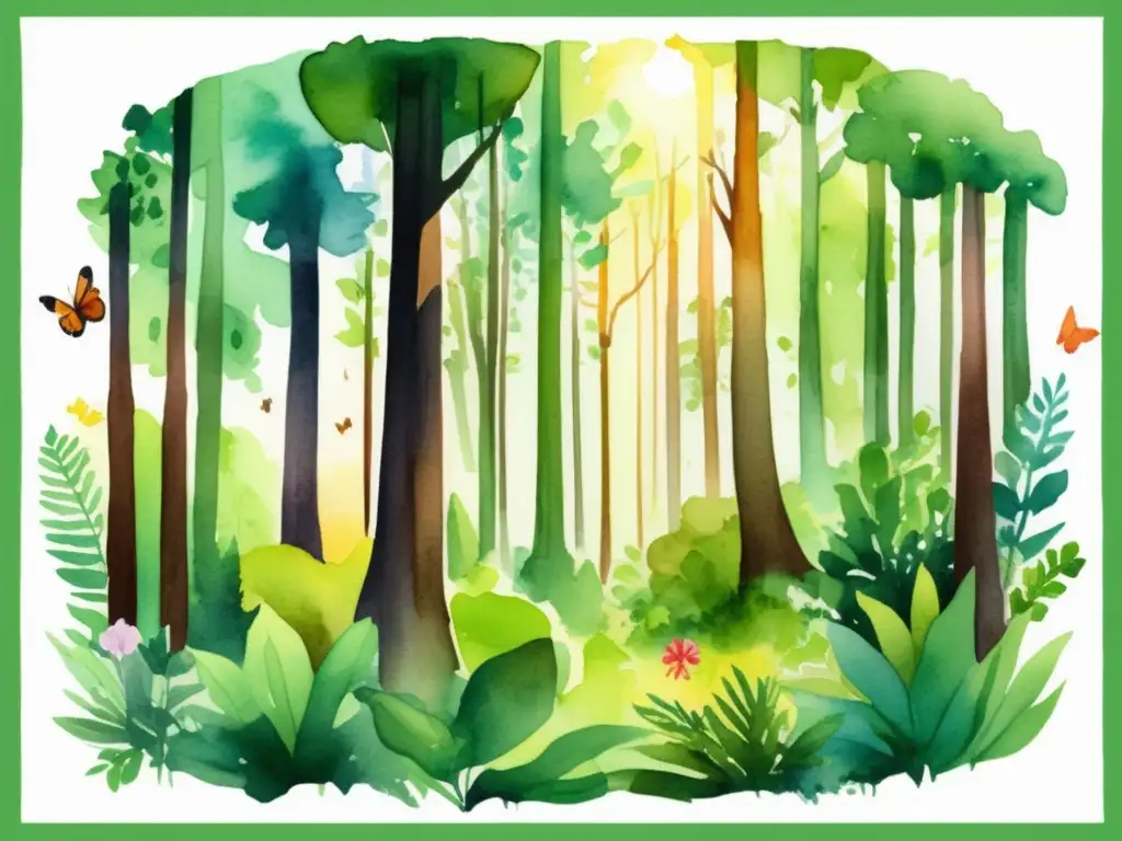 Ilustración vibrante de un bosque verde exuberante con árboles altos y un juego de luz y sombra en el suelo