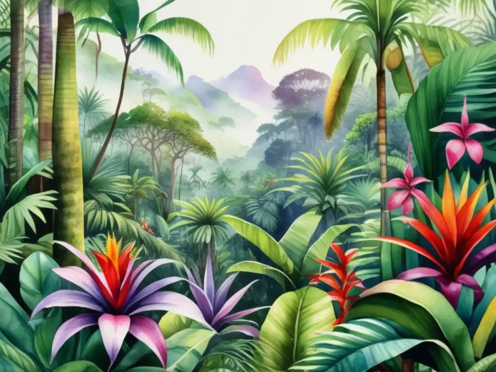 Lush rainforest scene with endangered plant species in Latin America - Importancia cultural plantas América Latina en peligro