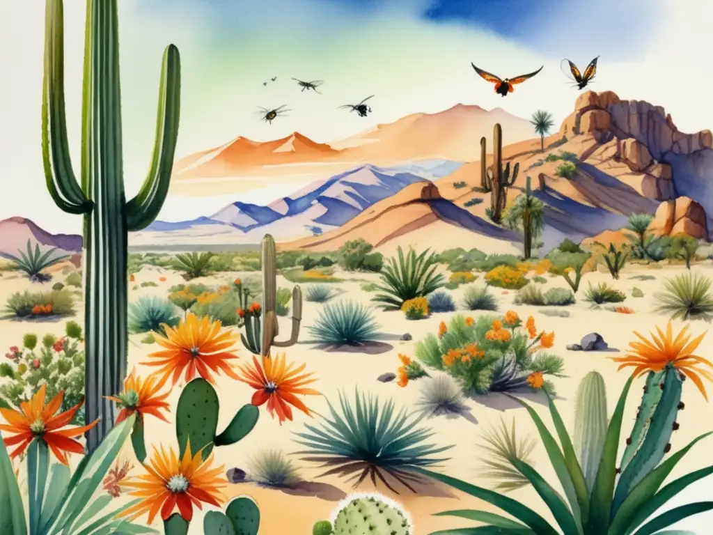 Paisaje desértico con cactus, palmeras y aves coloridas - Adaptación plantas desierto condiciones extremas