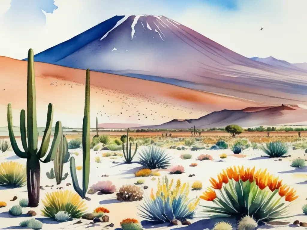 Flora del desierto de Atacama: Escena vibrante y tranquila con cactus, flores y montañas