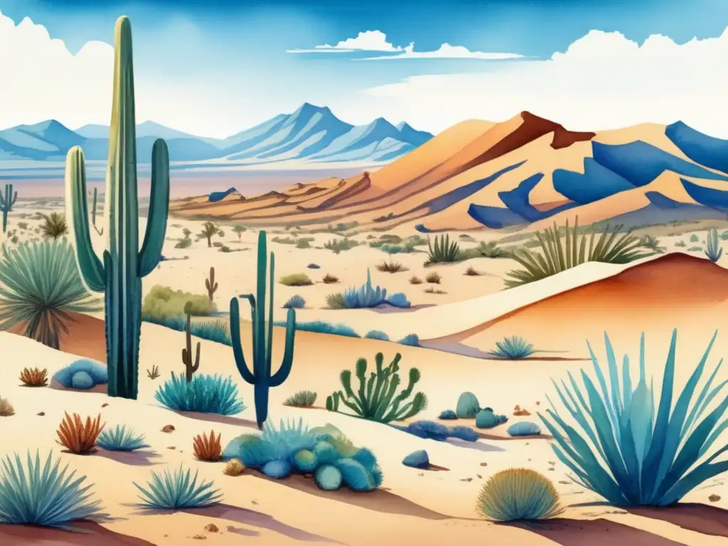 Ilustración vibrante de un paisaje desértico con dunas de arena, cactus y plantas nativas de zonas áridas