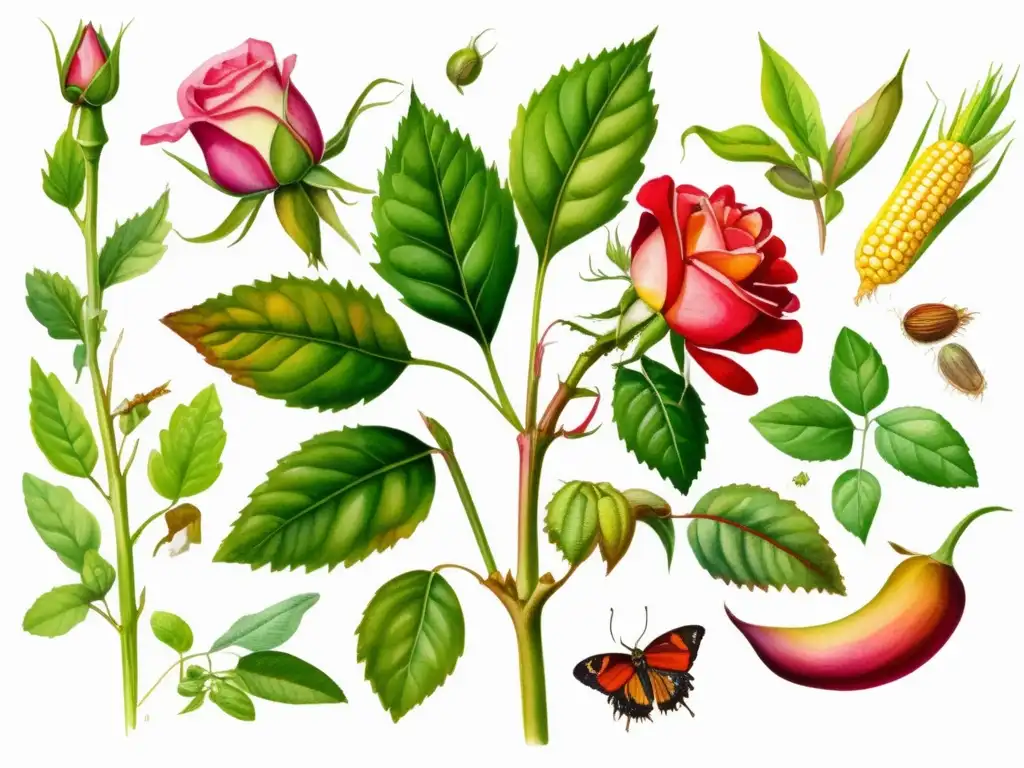 Ciclo de vida de rosa, maíz y roble: desde germinación hasta fructificación Ciclo de vida de las plantas en detallada acuarela de rosa, maíz y roble