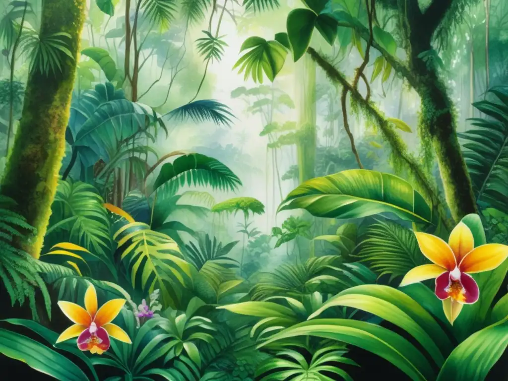 Detalles de plantas en peligro de Asia: imagen acuarela 8k muestra una exuberante selva tropical con vida vegetal vibrante