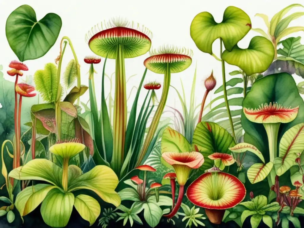 Pintura acuarela de exuberante selva tropical con plantas carnívoras y adaptación biológica