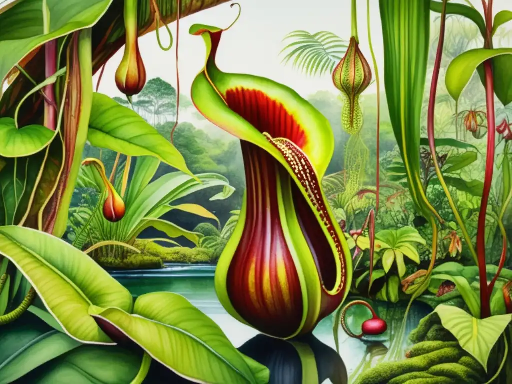 Ciclo vida plantas carnívoras detallado: Selva tropical con plantas carnívoras coloridas y detalladas