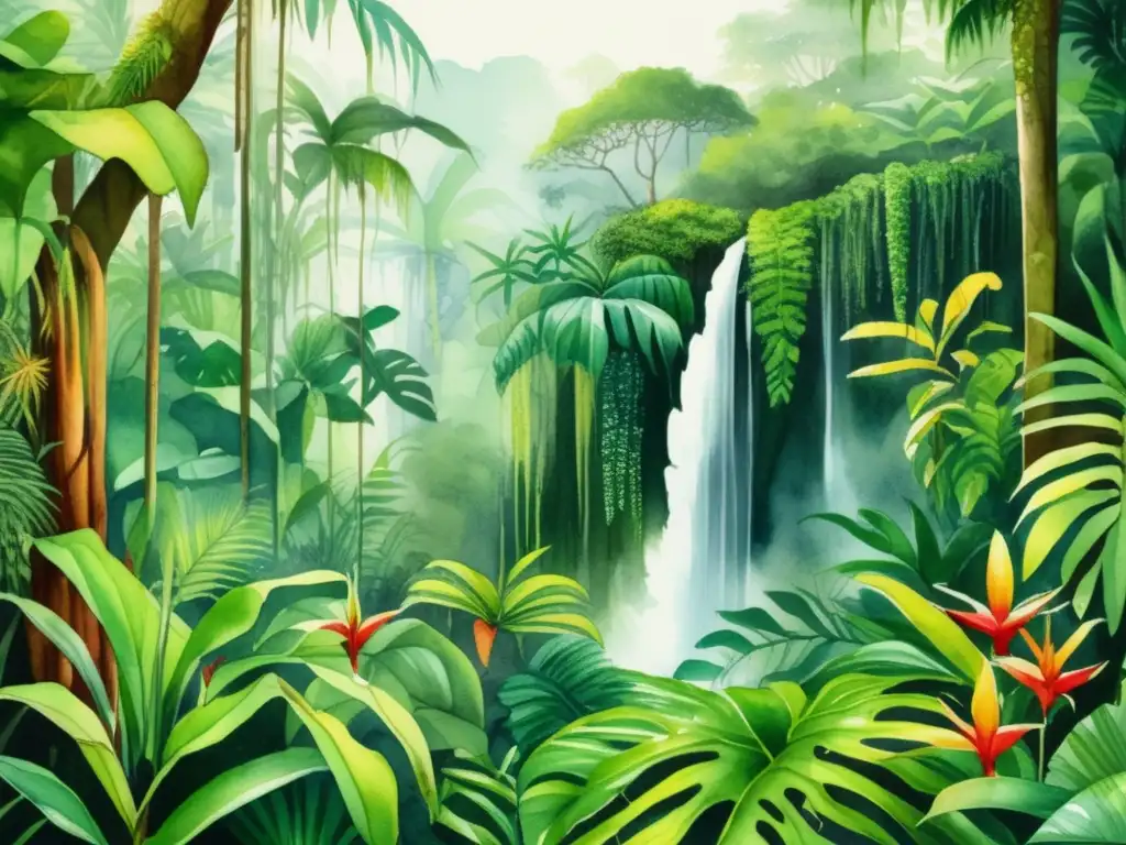 Ilustración detallada de selva tropical con epífitas Ilustración acuarela detallada de bosque tropical con plantas epífitas