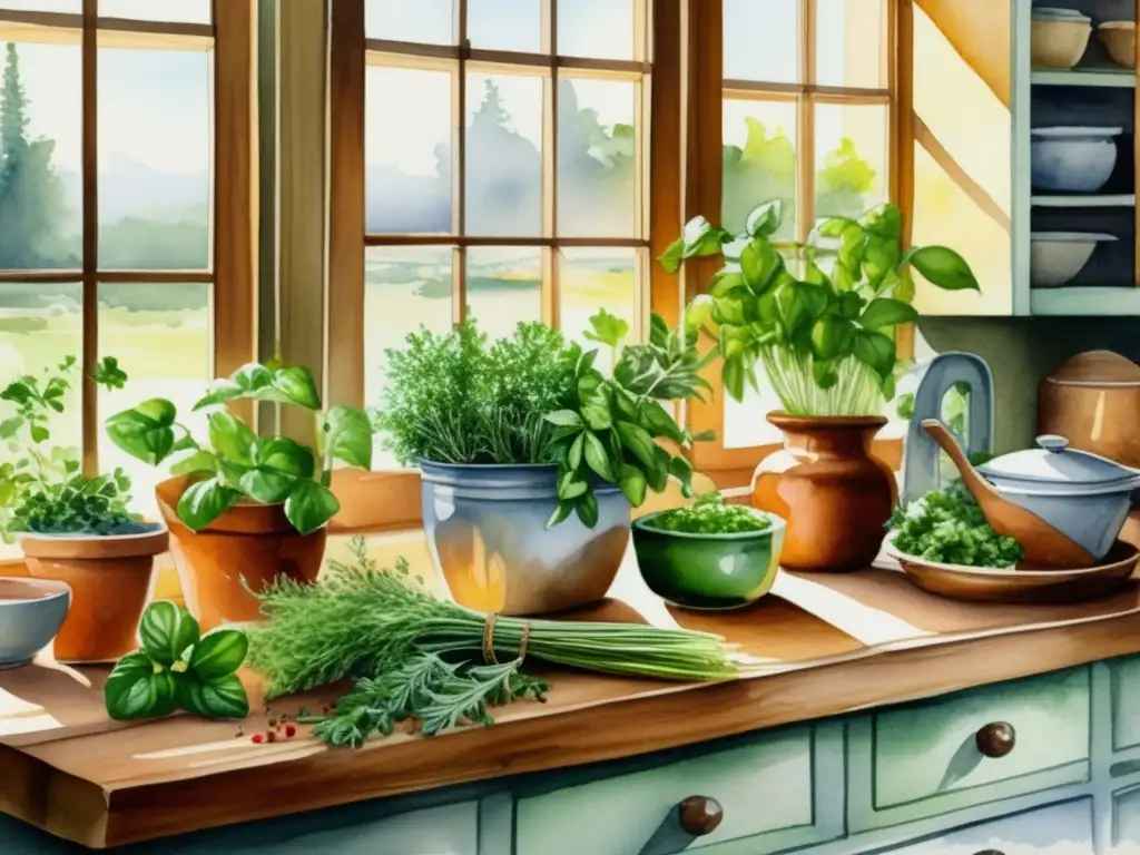 Cocina vibrante con hierbas frescas y especias Escena de cocina vibrante con hierbas frescas y especias en macetas de cerámica, resaltando los beneficios culinarios de las plantas medicinales