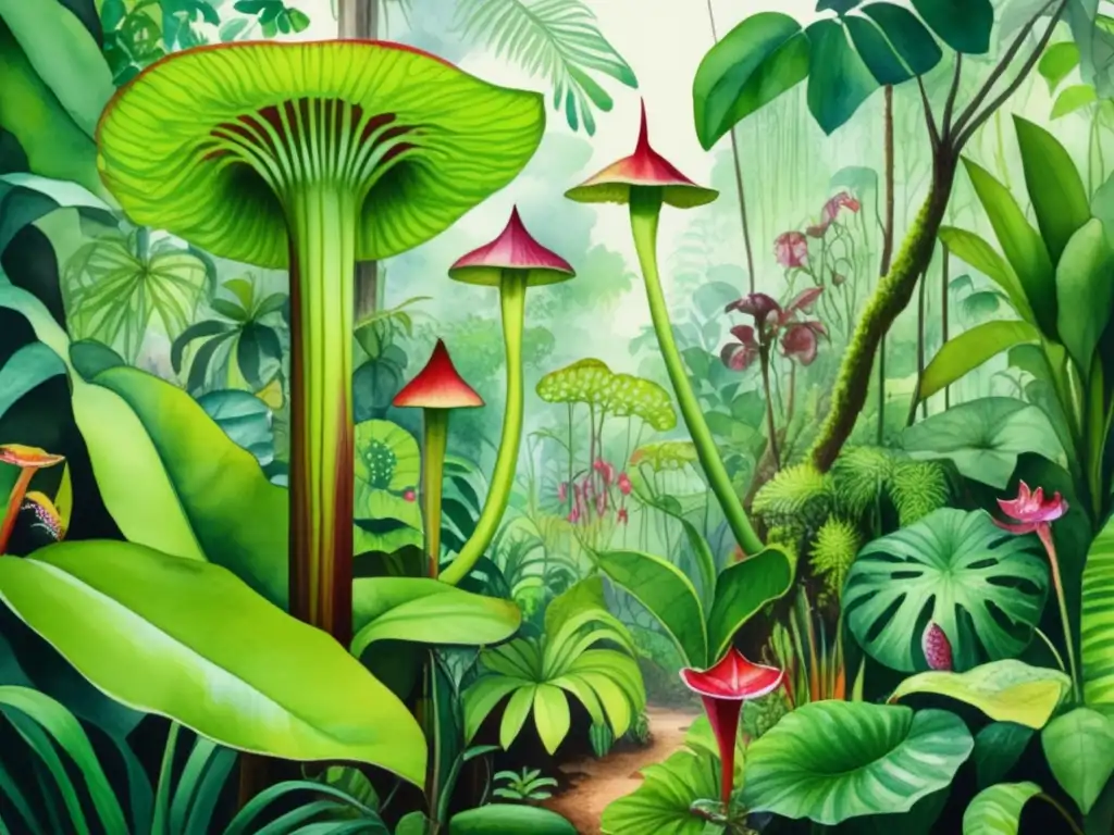 Ilustración acuarela detallada de una exuberante escena de selva lluviosa con plantas carnívoras estratégicamente camufladas