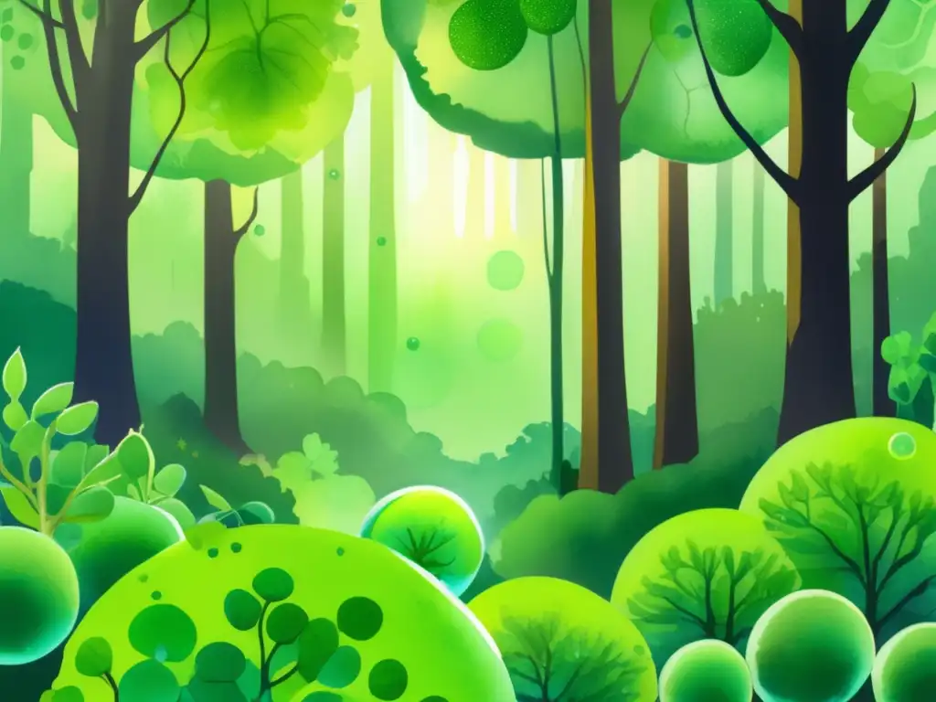 Ilustración acuarela de un exuberante bosque verde, bañado en luz solar