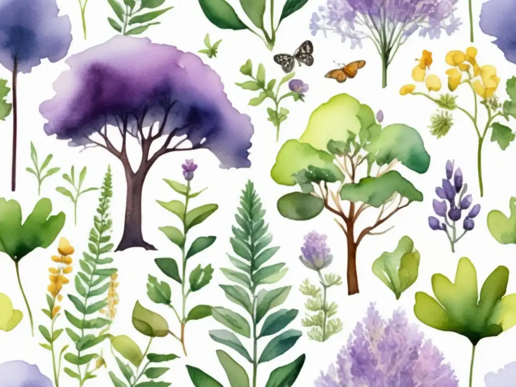 Ilustración detallada de una escena de bosque con plantas medicinales: La evolución botánica de las plantas medicinales