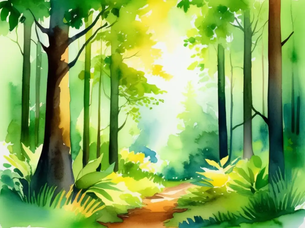 Pintura acuarela de un exuberante bosque, resalta la importancia de la simbiosis en ecosistemas