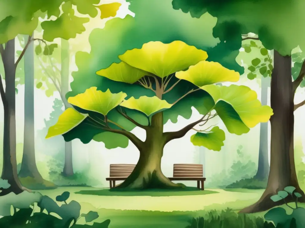 Ilustración acuarelada detallada de un bosque verde exuberante con un majestuoso árbol de Ginkgo Biloba como protagonista