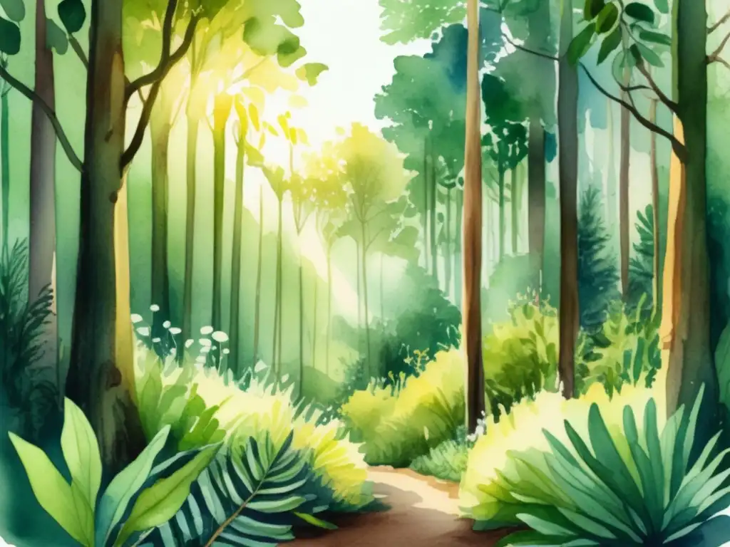 Ilustración acuarela de un frondoso bosque verde con luz solar filtrándose entre los árboles