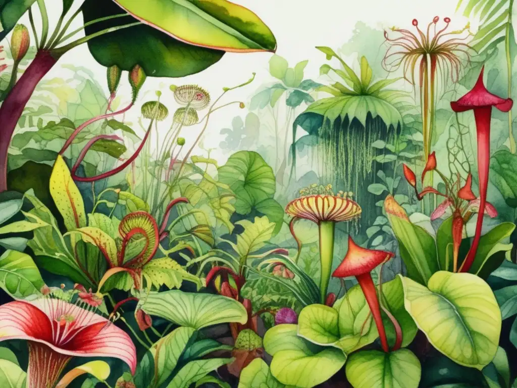 Ilustración acuarela de selva tropical con plantas carnívoras y trampas: Funcionamiento trampas plantas carnívoras