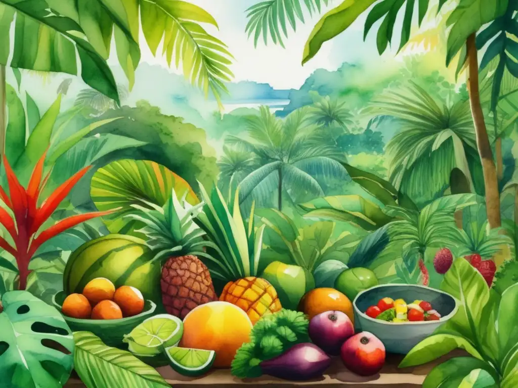 Ilustración acuarela de selva tropical con chef y beneficios medicinales de plantas tropicales