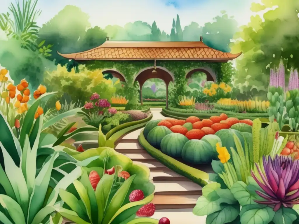 Ilustración acuarela: Jardín botánico con plantas gastronómicas