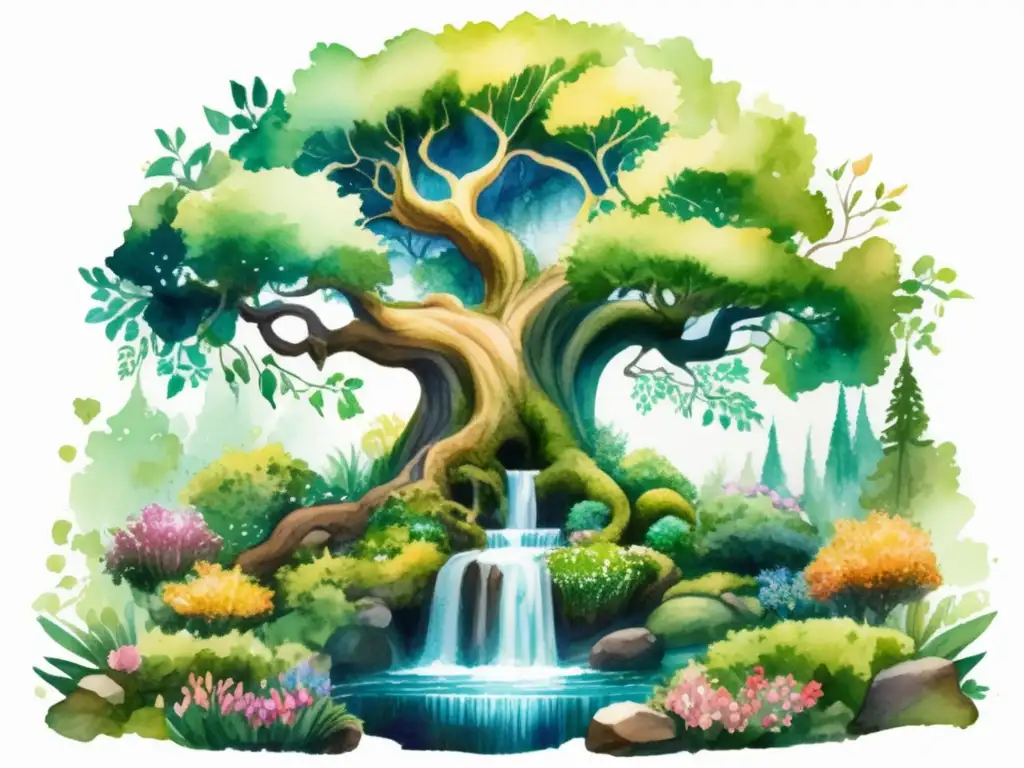 Influencia plantas mitología: Jardín mítico con árbol antiguo, cascada, criaturas y caminos místicos