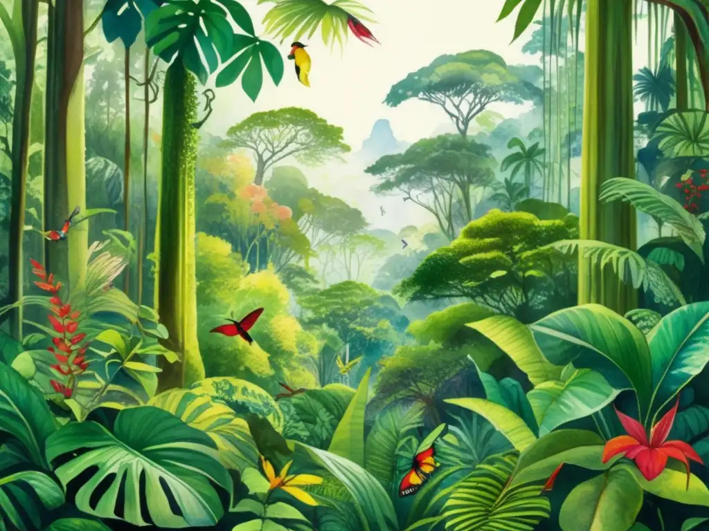 Detallada imagen acuarela de una exuberante jungla con plantas tropicales en tonos verdes, rojos y amarillos