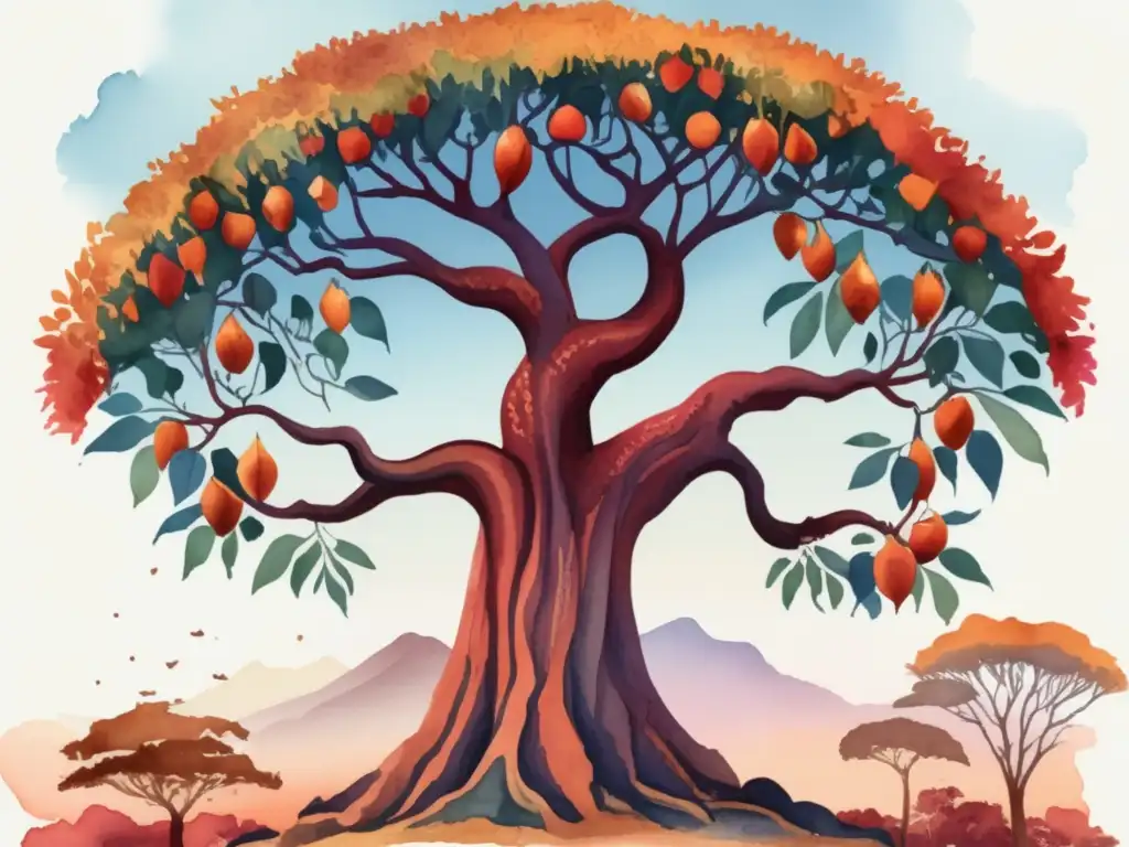 Ilustración acuarela de un majestuoso árbol Kigelia Africana con flores en tonos naranja y rojo, frutos en forma de salchicha y follaje exuberante