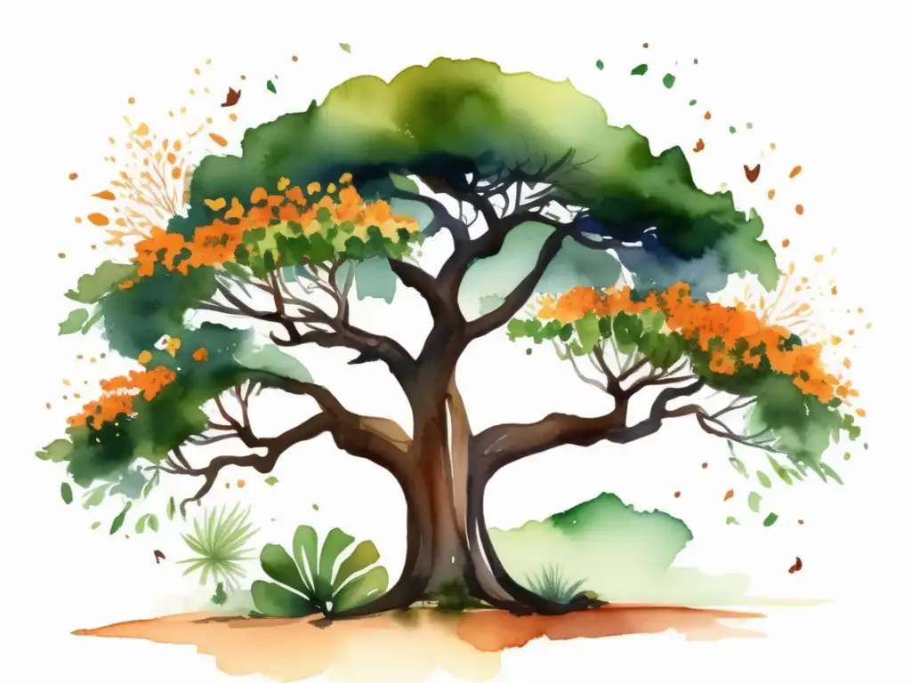 Ilustración acuarela vibrante del majestuoso árbol Kigelia Africana en su hábitat natural