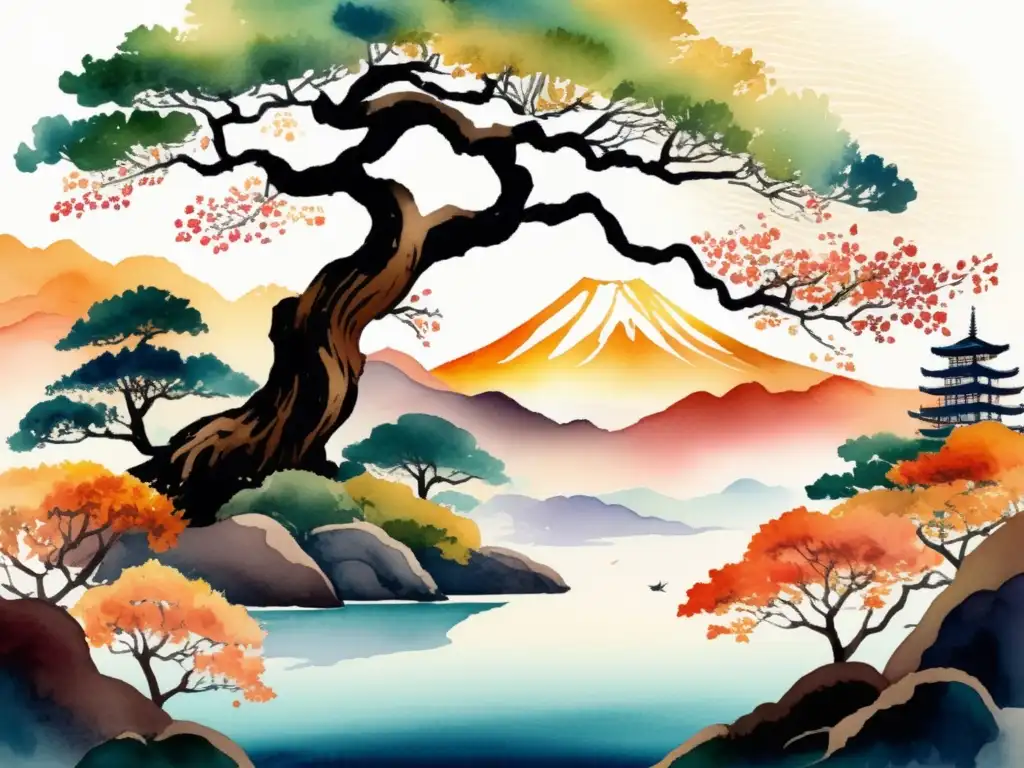 Ilustración acuarela de paisaje japonés con árbol de laca: características y usos