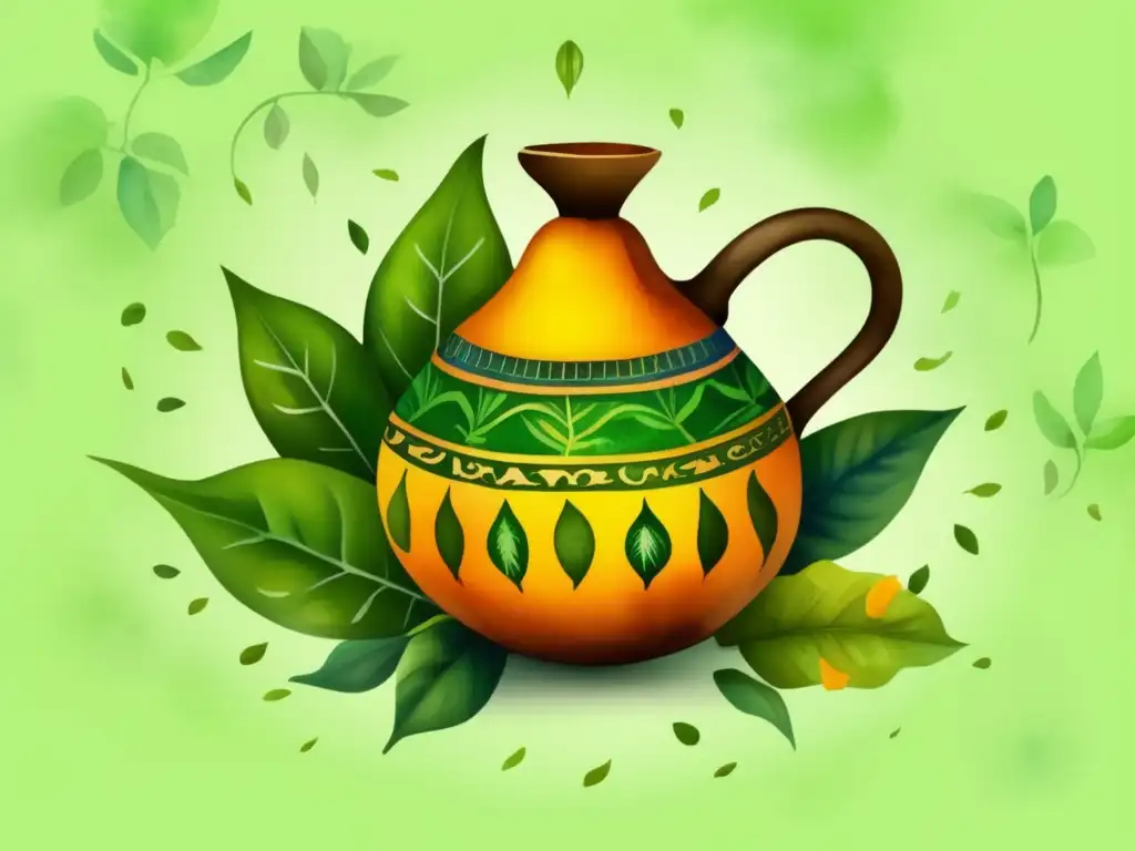 Yerba mate: Gourd and bombilla ilustrados Una ilustración vibrante en acuarela de una tradicional calabaza y bombilla de yerba mate rodeada de exuberantes hojas verdes de la planta