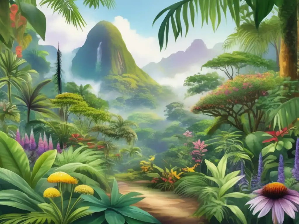 Conservación de plantas medicinales en cambio climático: Escena de una exuberante selva tropical con plantas nativas y detalles intrincados