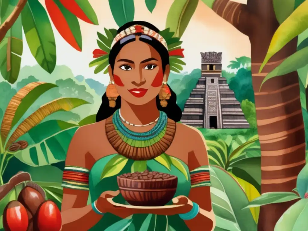 Beneficios del cacao en la cultura Maya: escena vibrante de una mujer maya frente a un árbol de cacao, con flores y ruinas de fondo