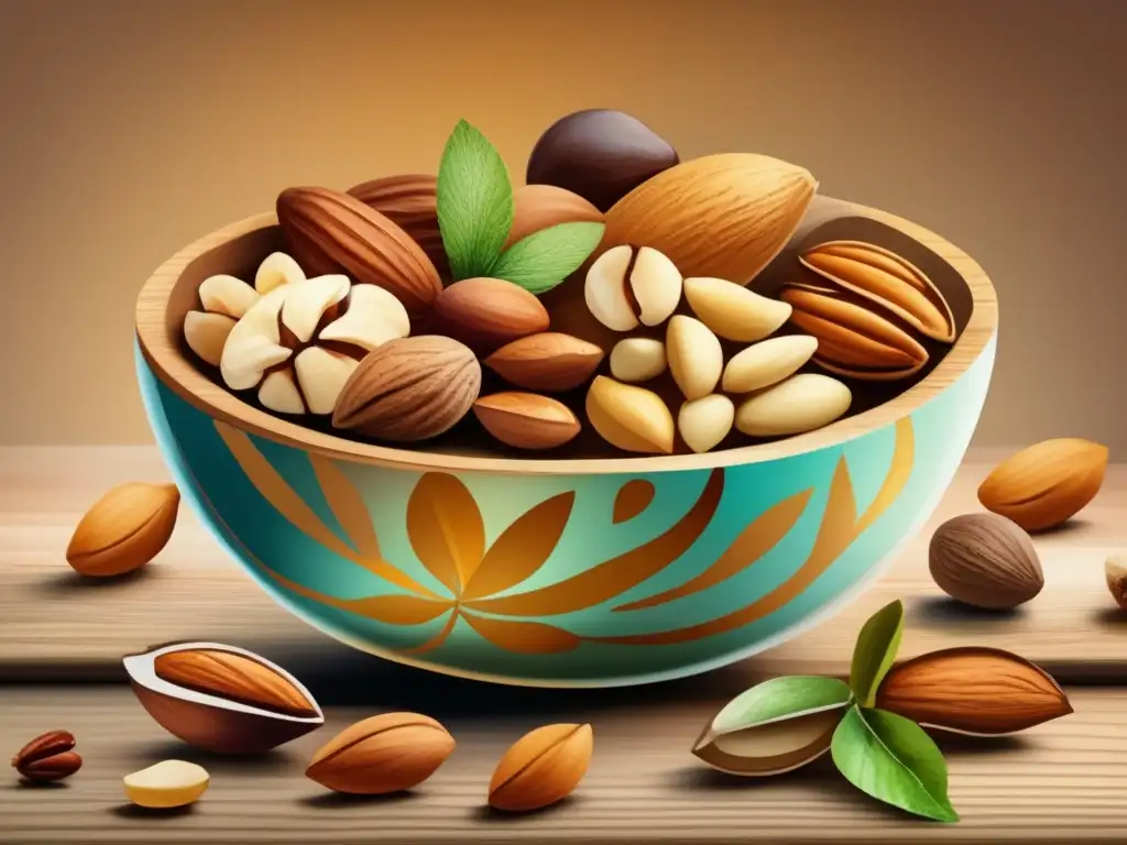 Beneficios nutricionales de los frutos secos en imagen de ilustración de agua con nueces variadas en una mesa de madera