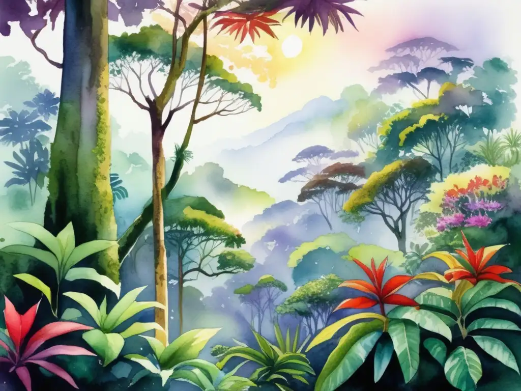 Pintura acuarela detallada de exuberante selva tropical con árboles antiguos, flora exótica y río sereno reflejando colores vibrantes