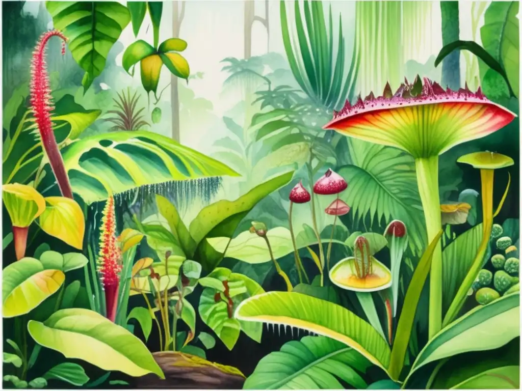 Pintura acuarela de selva tropical con plantas carnívoras adaptándose al cambio climático