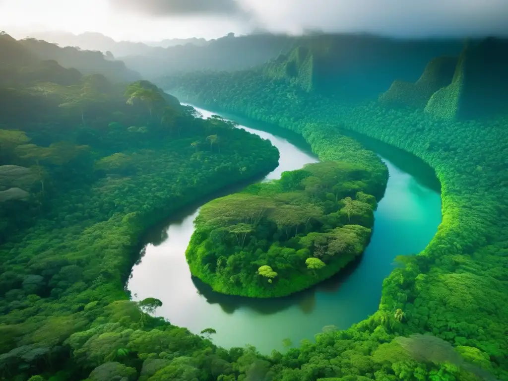 Impacto cambio climático en bosques lluviosos: Lush rainforest scene with vibrant flora, exotic birds, and meandering river