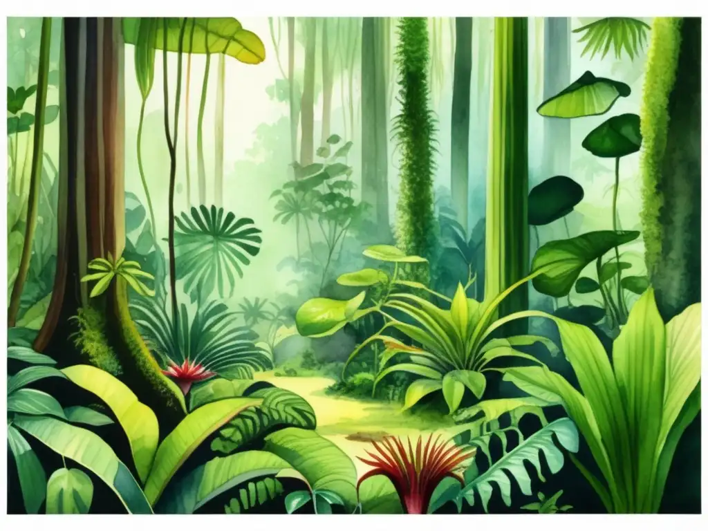 Ilustración acuarela detallada de una exuberante selva tropical