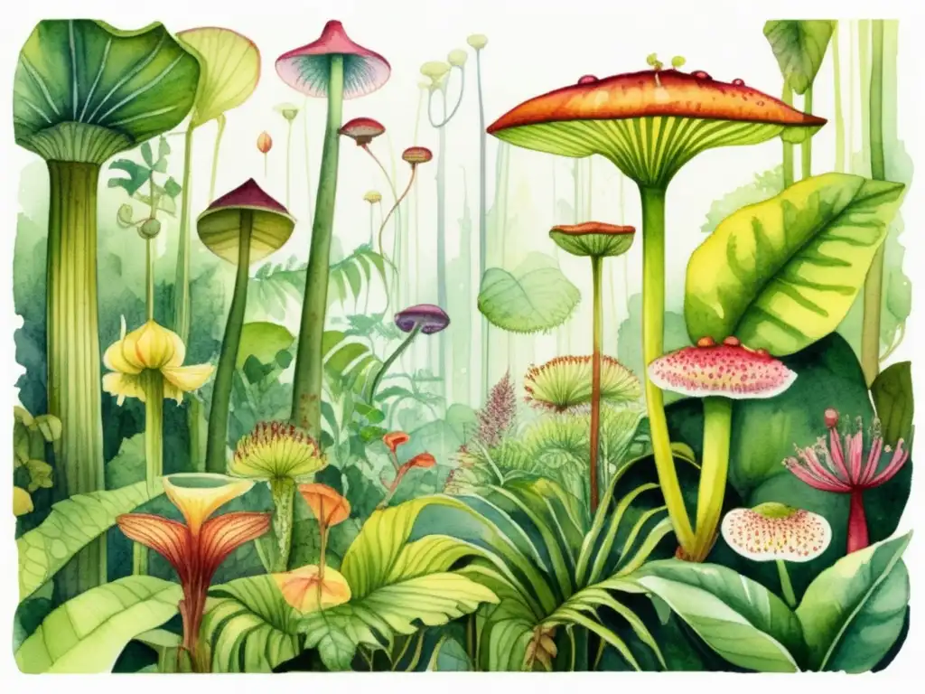 Ilustración acuarela detallada de un exuberante y vibrante paisaje de selva lluviosa con plantas carnívoras y su ciclo de vida